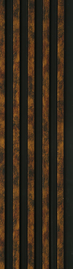 Brown wooden louver panel with textured finish and visible wood grain on vertical slats