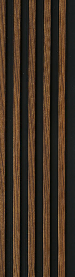 Brown wood grain louver panel with textured finish and vertical slats showing wood pattern and dark gaps between slats