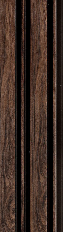 Brown wood grain louver panel with textured finish and vertical slats