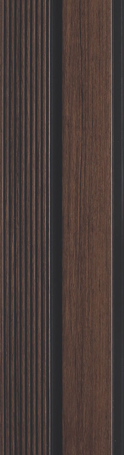 Brown wood louver panel with textured finish and visible wood grain on vertical slats