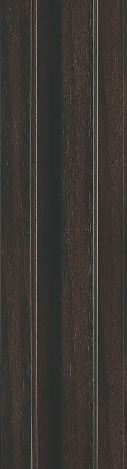 Brown wood louver panel with textured finish and wood grain pattern visible on vertical slats with narrow gaps.