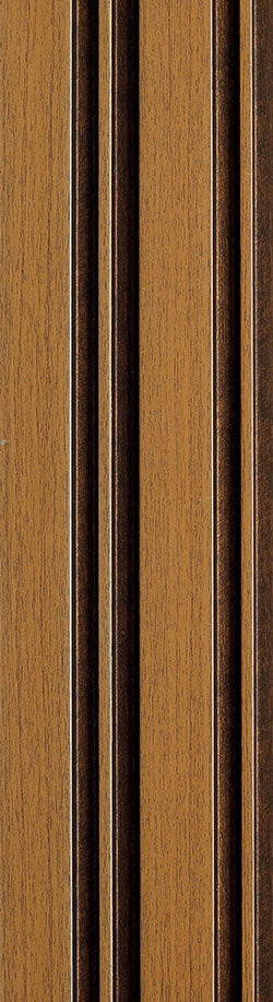 Brown wood louver panel with textured wood grain finish and raised vertical slats and thin border strips.