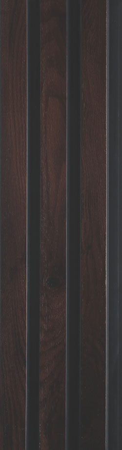 Brown wood grain louver panel with textured finish and dark gray slats showcasing wood pattern and texture.