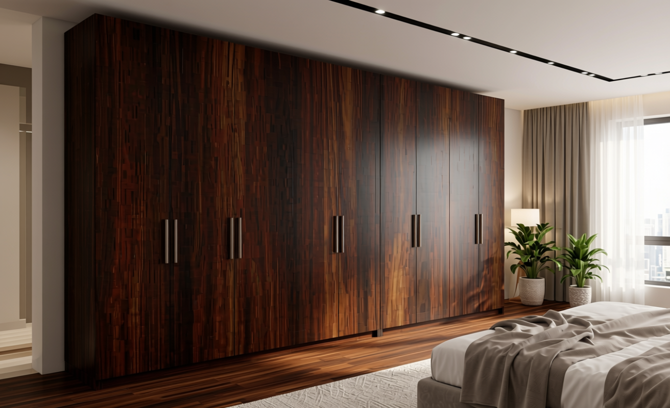 Dark brown decorative mdf sheet with textured wood grain pattern and vertical striations.