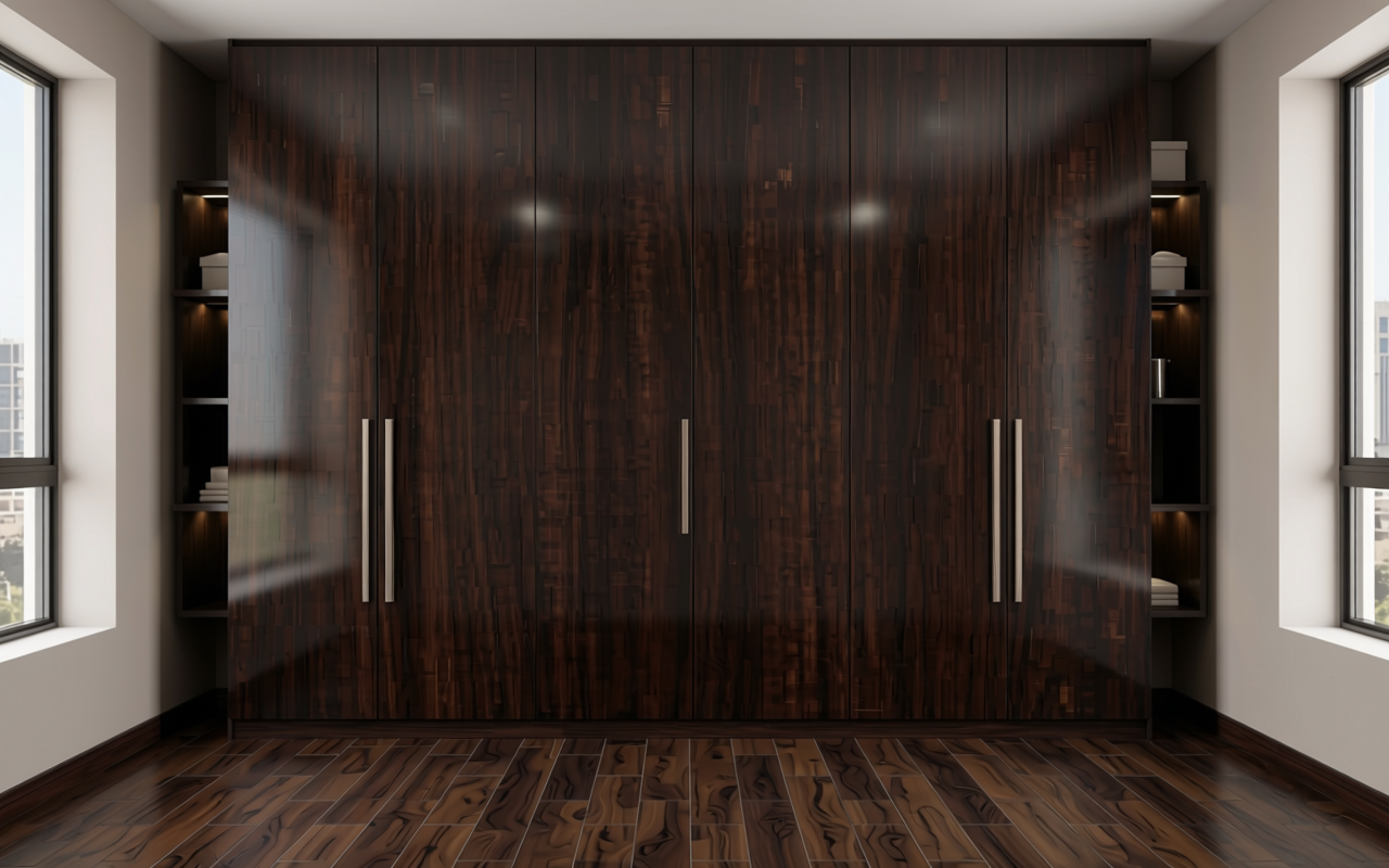 Dark brown decorative mdf sheet with textured wood grain pattern and vertical striations.