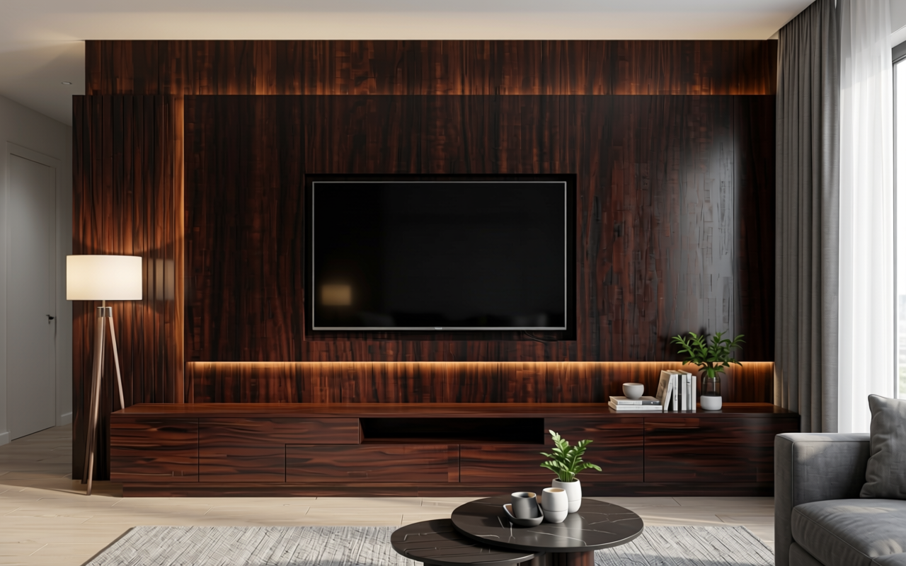 Dark brown decorative mdf sheet with textured wood grain pattern and vertical striations.