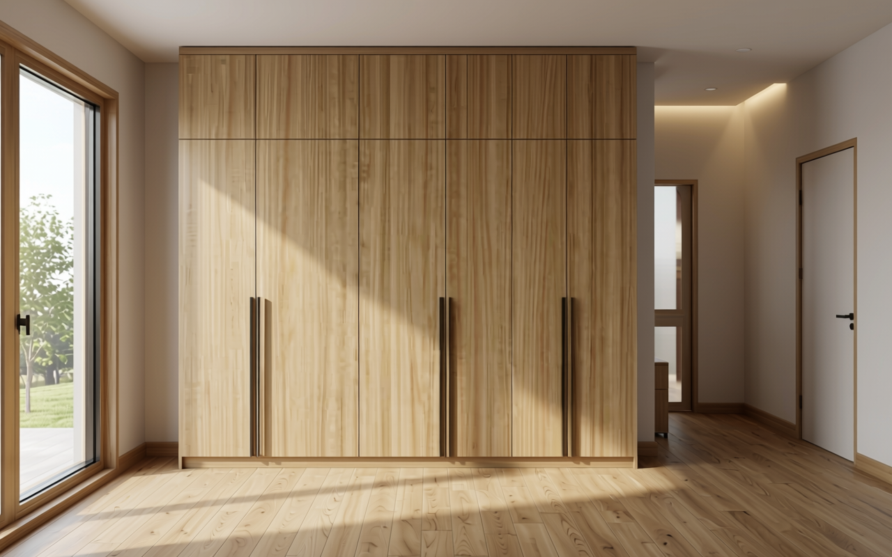 Light beige decorative mdf with vertical wood grain texture and subtle sheen.