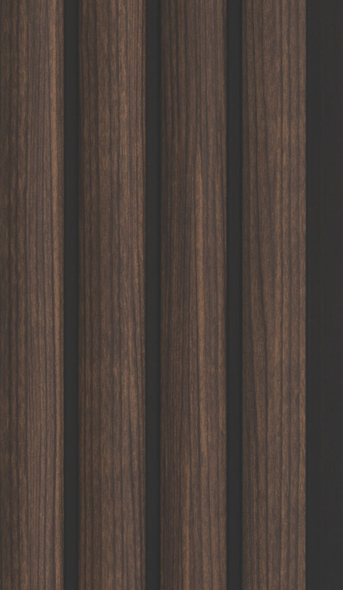 Brown wood louver panel with textured finish and vertical grain pattern, showcasing natural wood appearance and dark brown