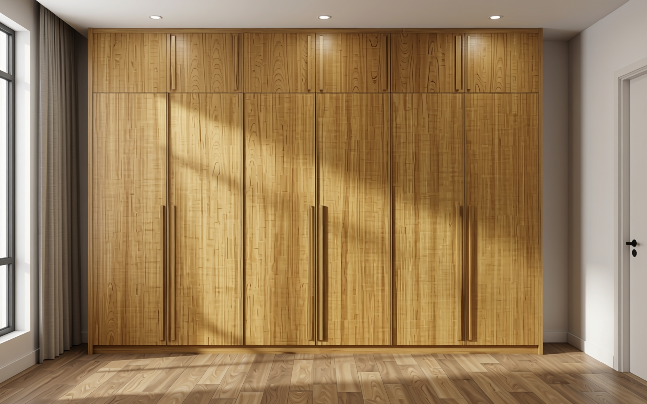 Golden brown textured MDF sheet with vertical wood grain pattern and matte finish.