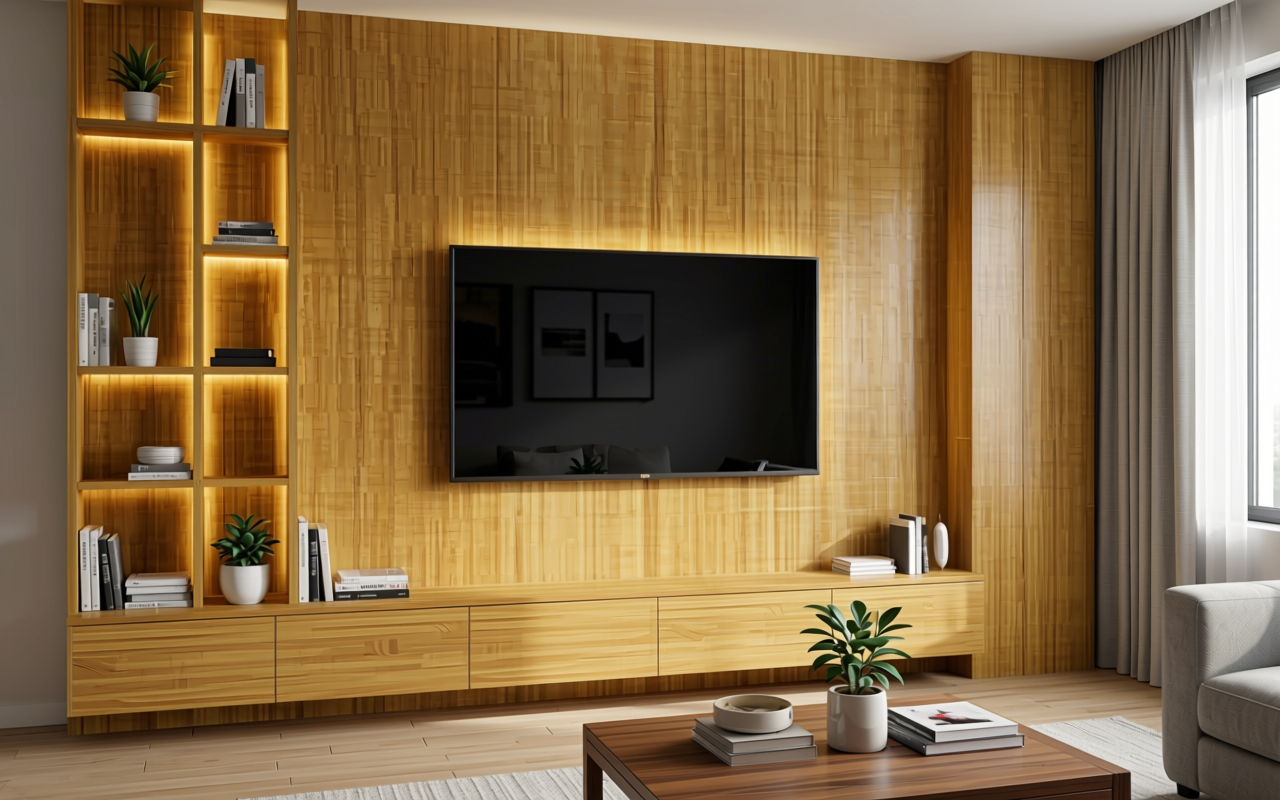 Golden brown textured MDF sheet with vertical wood grain pattern and matte finish.