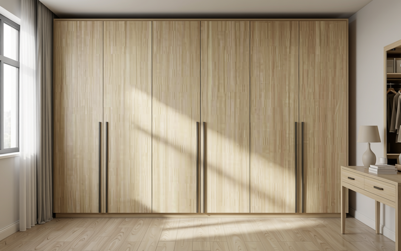 Light beige textured mdf sheet with vertical wood grain pattern and matte finish.