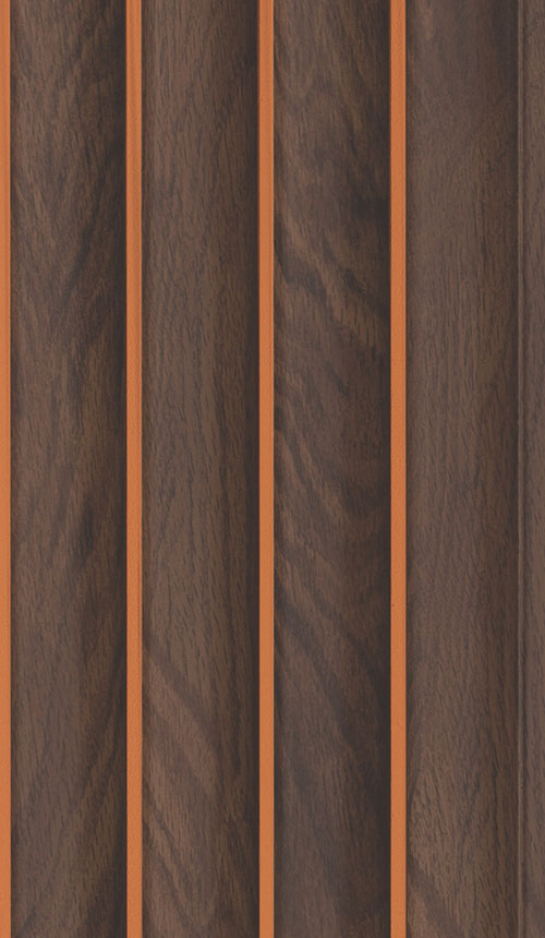 Brown wood louver panel with textured finish and visible wood grain, featuring narrow vertical gaps between slats.