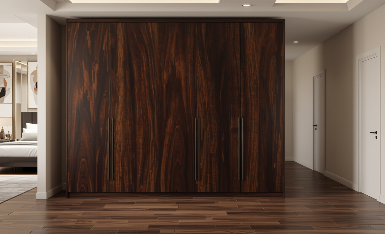 Dark brown decorative mdf with textured wood grain pattern and vertical grain direction.