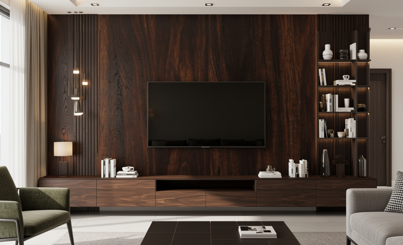 Dark brown decorative mdf with textured wood grain pattern and vertical grain direction.