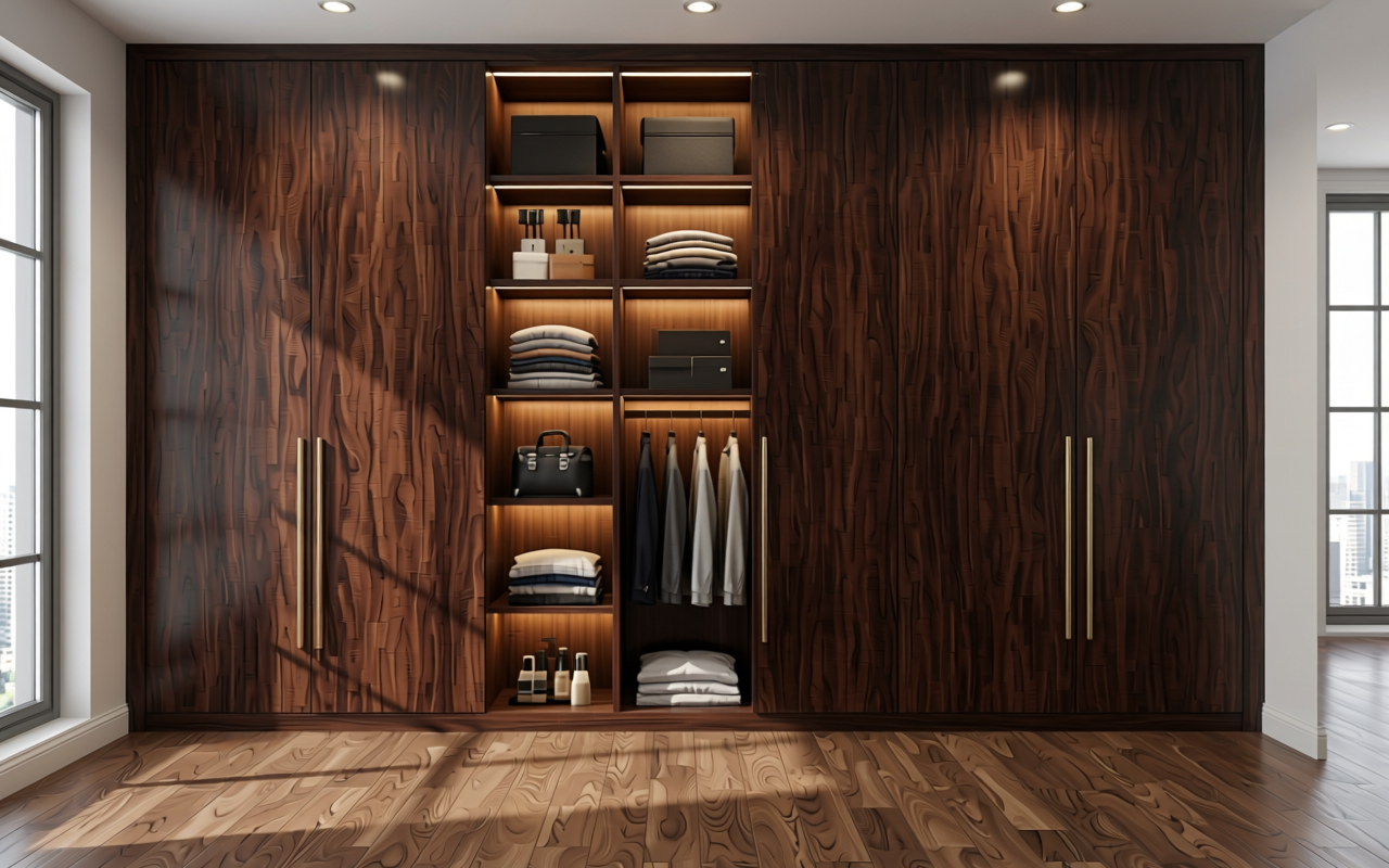 Dark brown decorative mdf sheet with textured wood grain pattern and vertical striations.