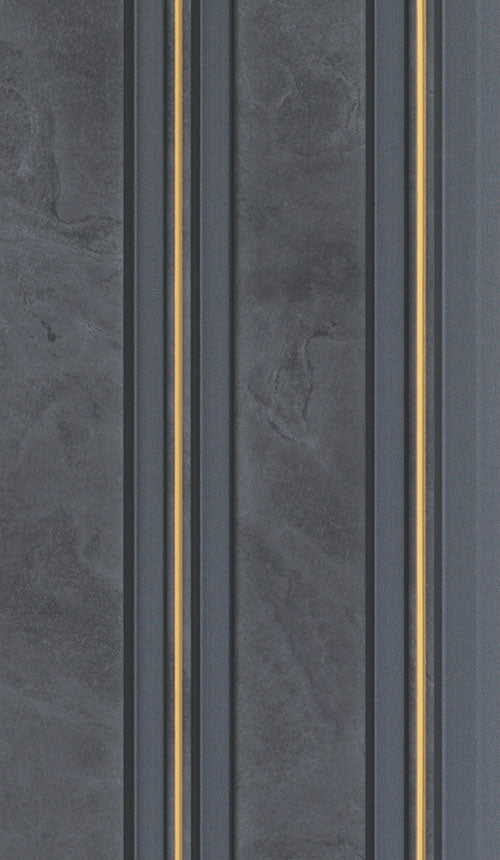 Grey textured wall panel with marble pattern and vertical grooves, featuring gold accents between panels.