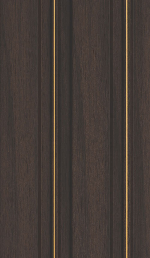 Brown wood louver panel with textured finish and visible wood grain, featuring vertical slats with narrow gaps.