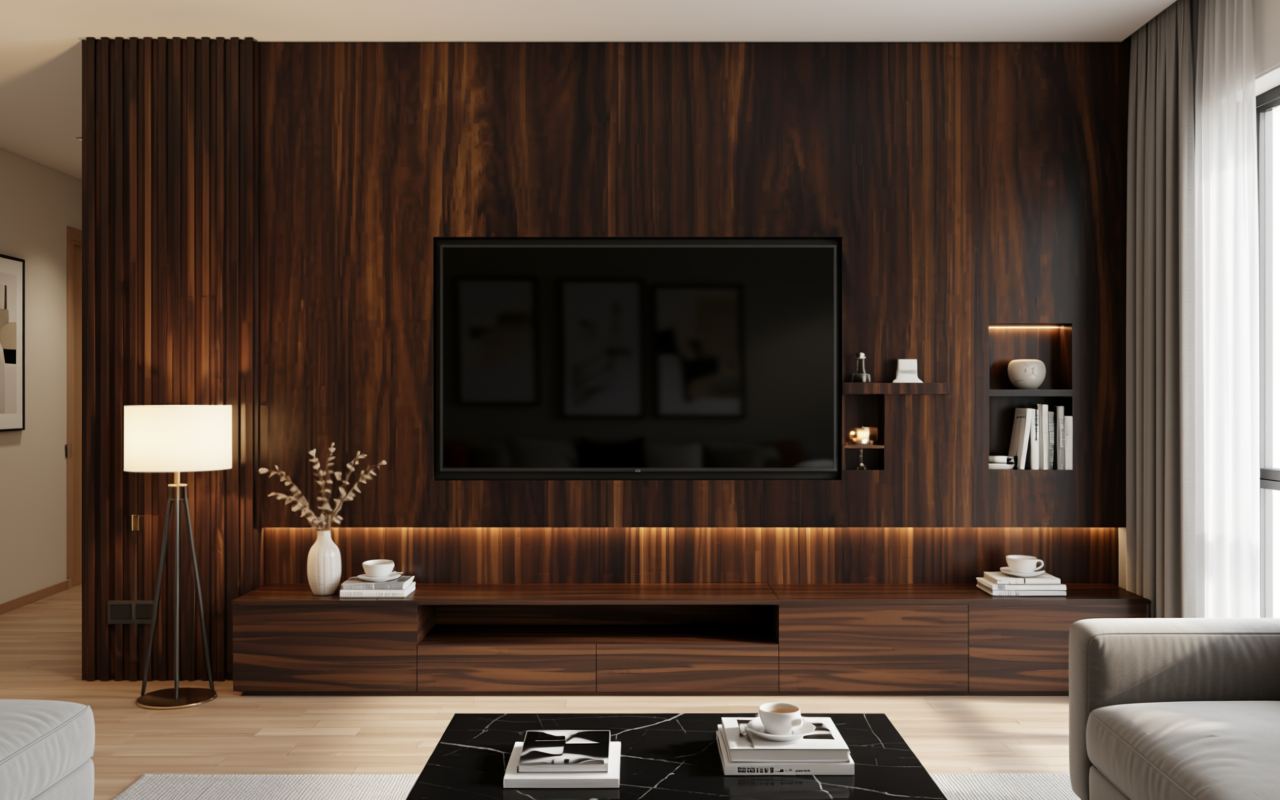 Dark brown decorative mdf with wood grain texture and vertical pattern.