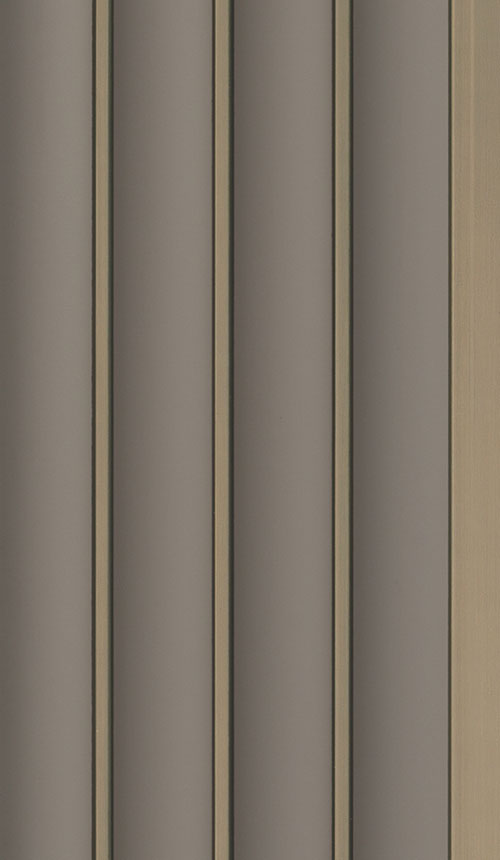 Brown fluted wall panel with textured finish and vertical grooves, showing a wood grain pattern on the raised sections.