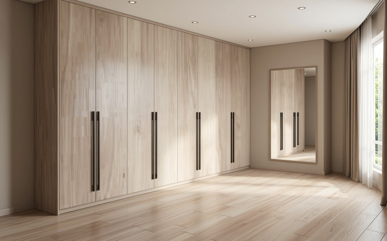 Light beige decorative mdf with vertical wood grain texture and subtle sheen.