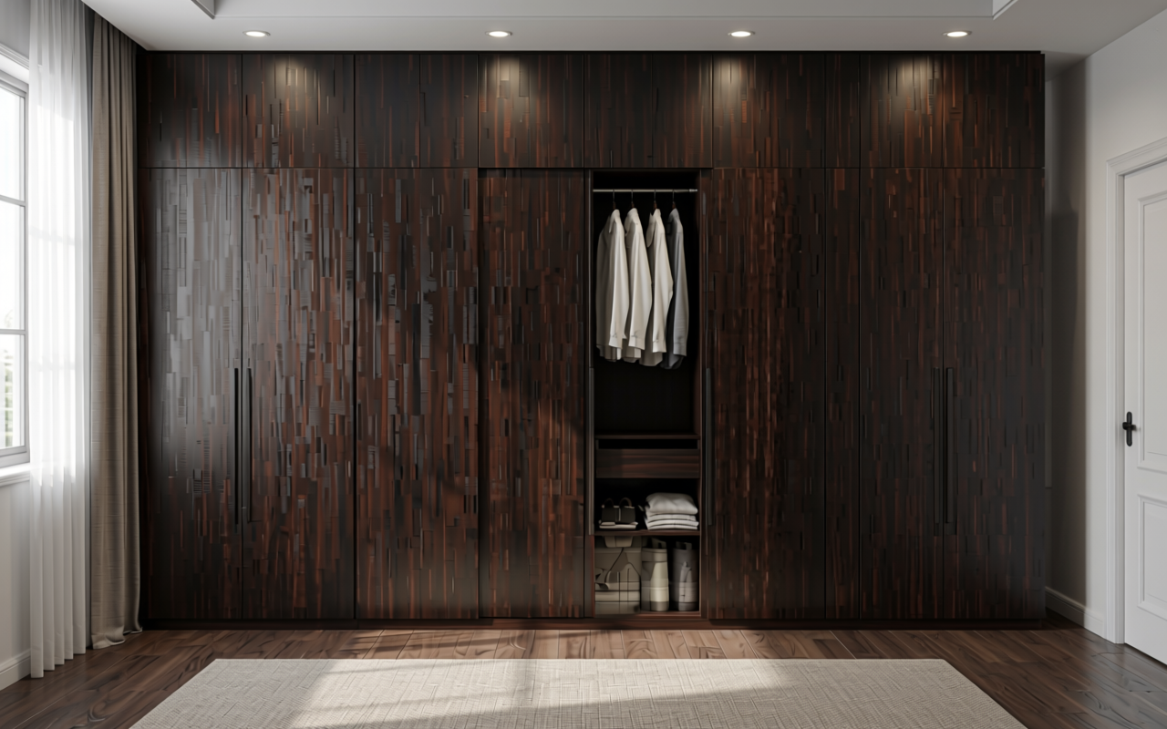 Dark brown decorative MDF sheet with visible wood grain texture and vertical striations.
