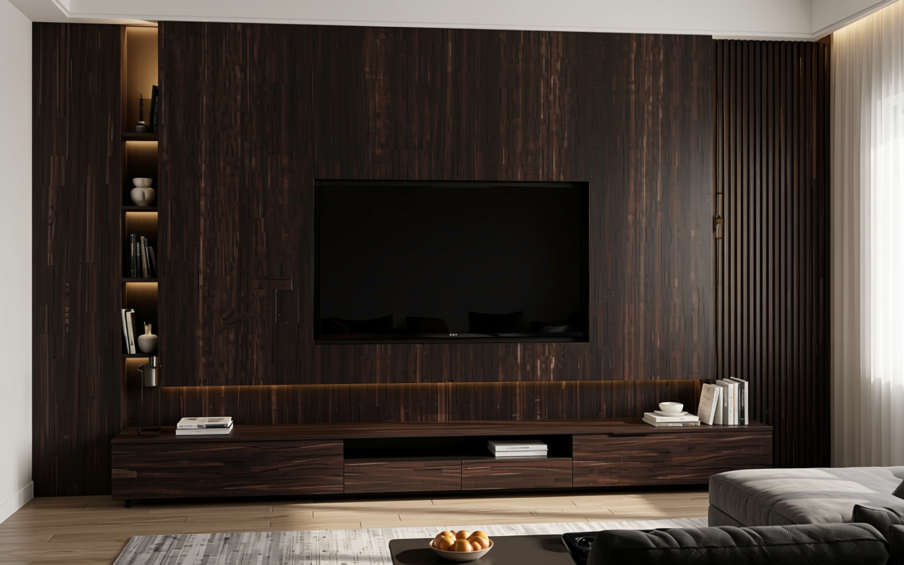 Dark brown decorative MDF sheet with visible wood grain texture and vertical striations.