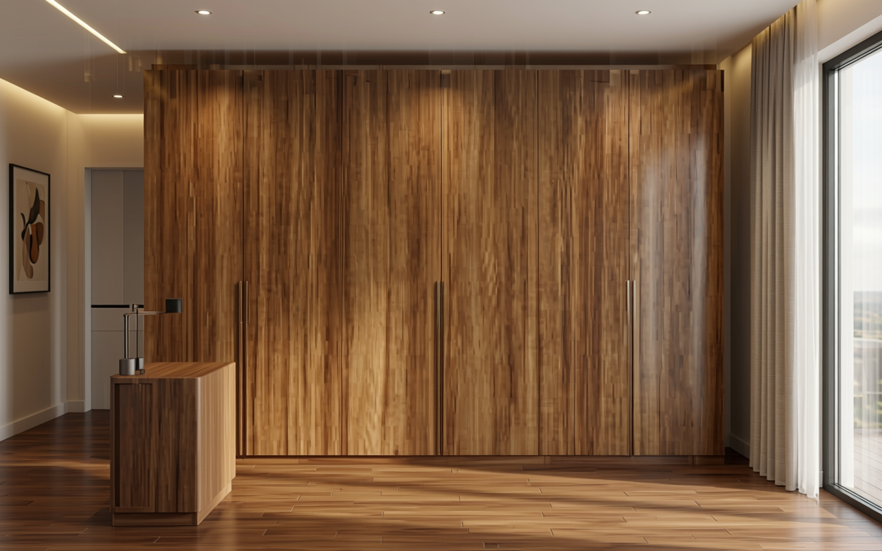Brown decorative mdf with vertical wood grain texture and medium sheen finish.