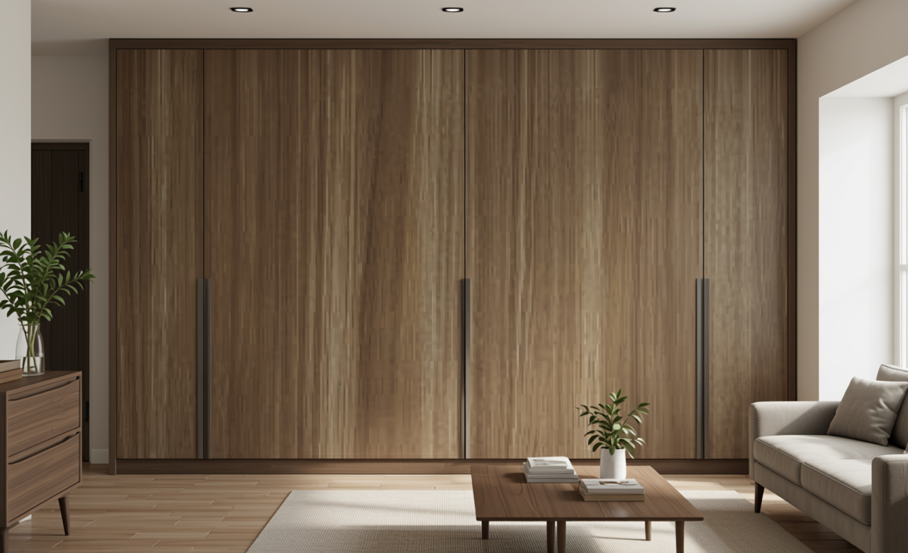 Brown decorative mdf with vertical wood grain texture and subtle sheen.