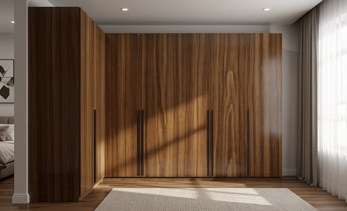 Brown decorative mdf with vertical wood grain texture and subtle sheen.