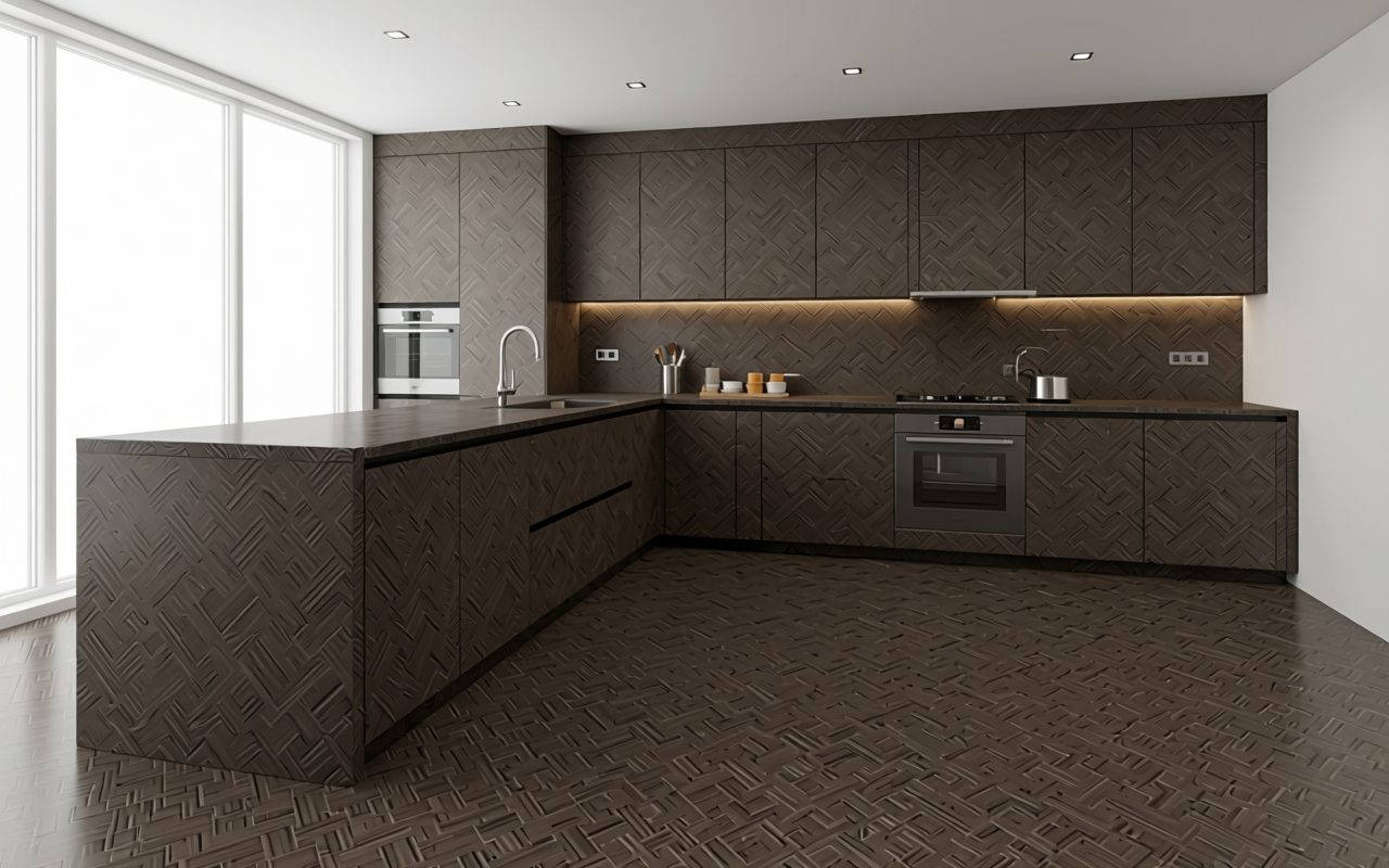 Dark brown textured MDF sheet with geometric diamond pattern, decorative finish.