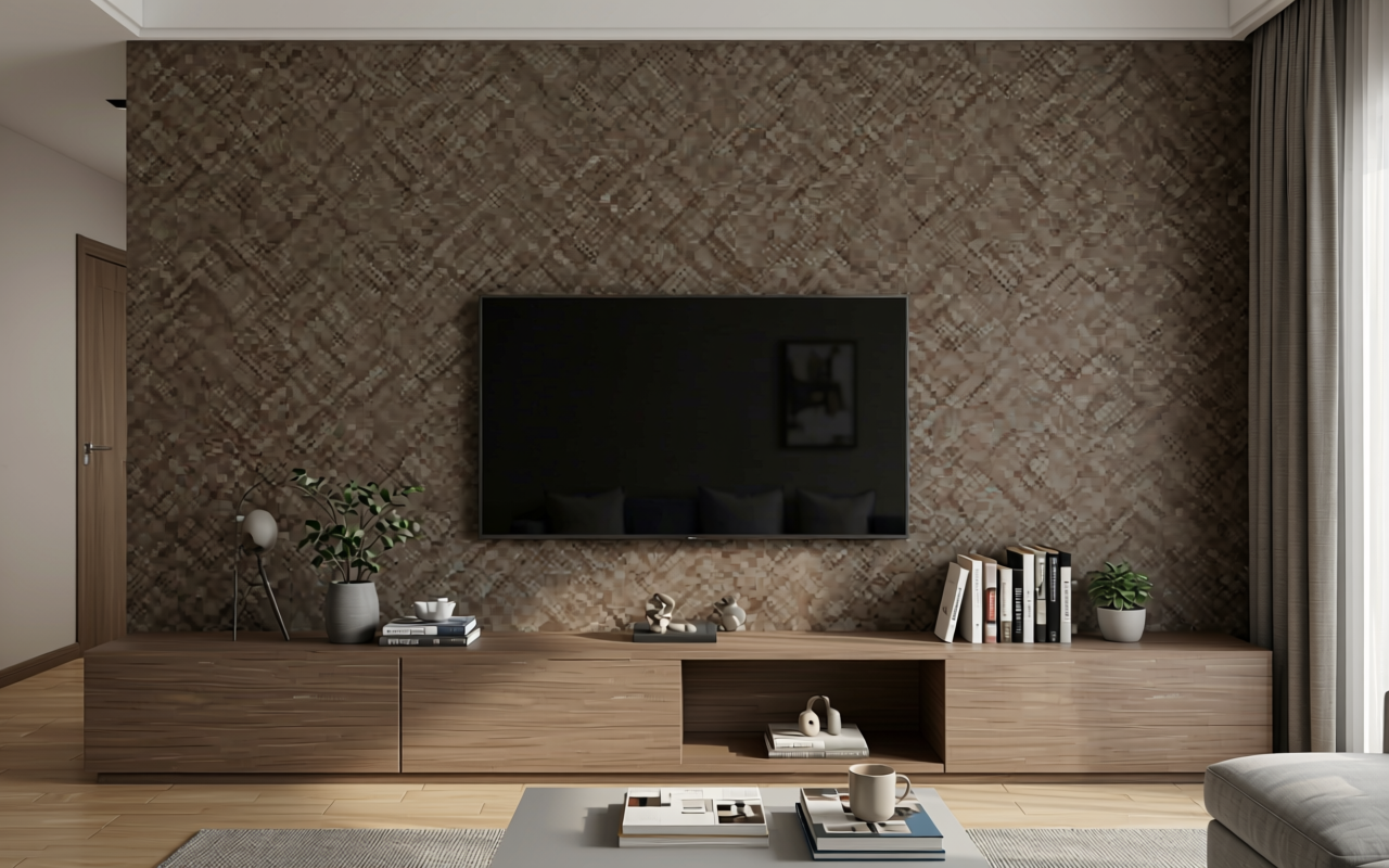 Dark brown textured MDF sheet with geometric diamond pattern, decorative finish.