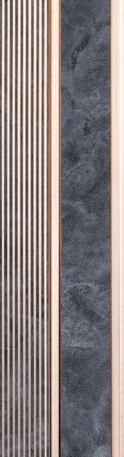 Grey wood louver panel with textured finish and visible wood grain, featuring vertical slats and a rough surface.