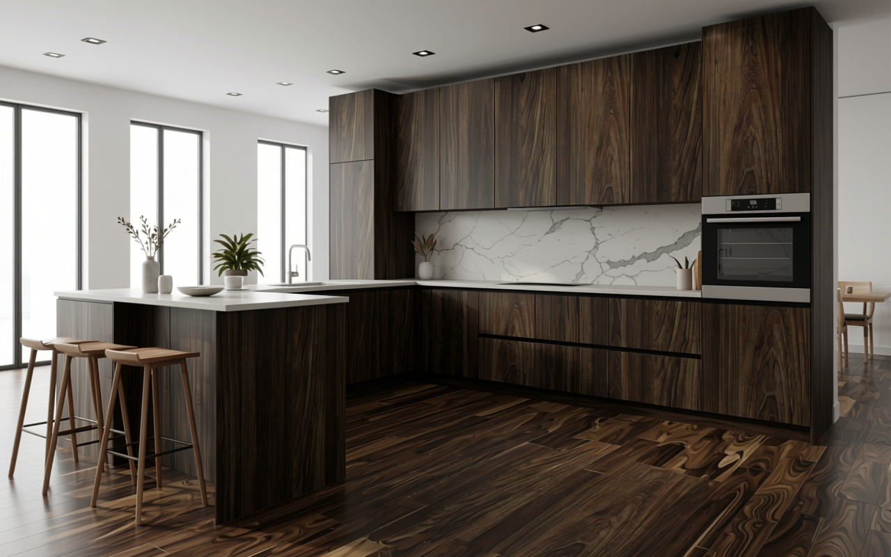 Dark brown decorative mdf with textured wood grain pattern and vertical grain direction.