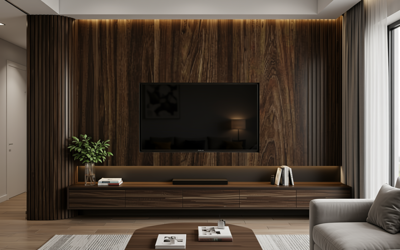Dark brown decorative mdf with textured wood grain pattern and vertical grain direction.