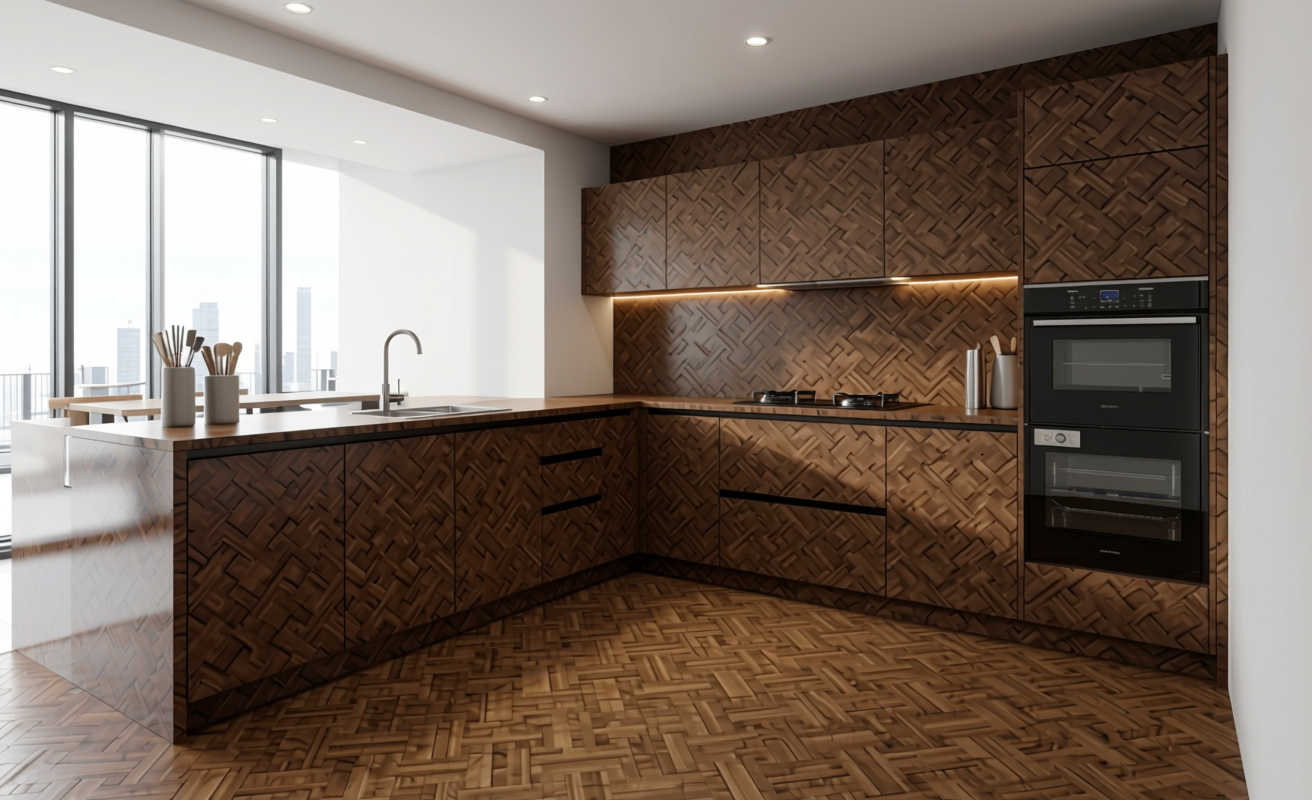 Brown textured MDF sheet with geometric pattern and diagonal grain direction.