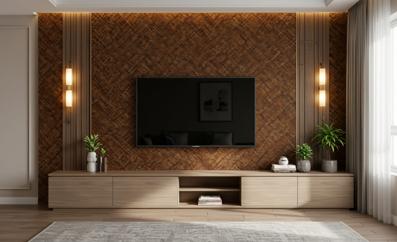 Brown textured MDF sheet with geometric pattern and diagonal grain direction.