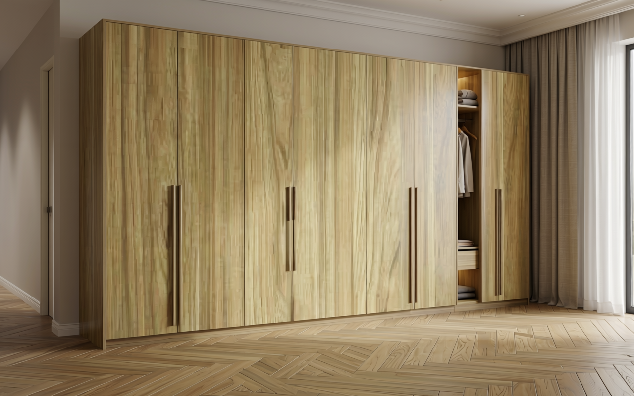 Light beige decorative mdf with vertical wood grain texture and subtle sheen.