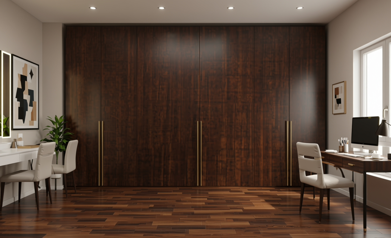 Dark brown textured MDF sheet with vertical wood grain pattern and matte finish.
