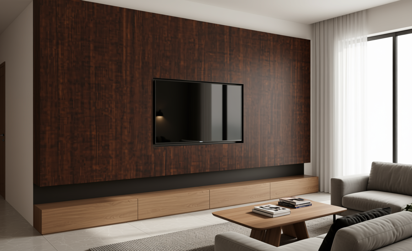 Dark brown textured MDF sheet with vertical wood grain pattern and matte finish.