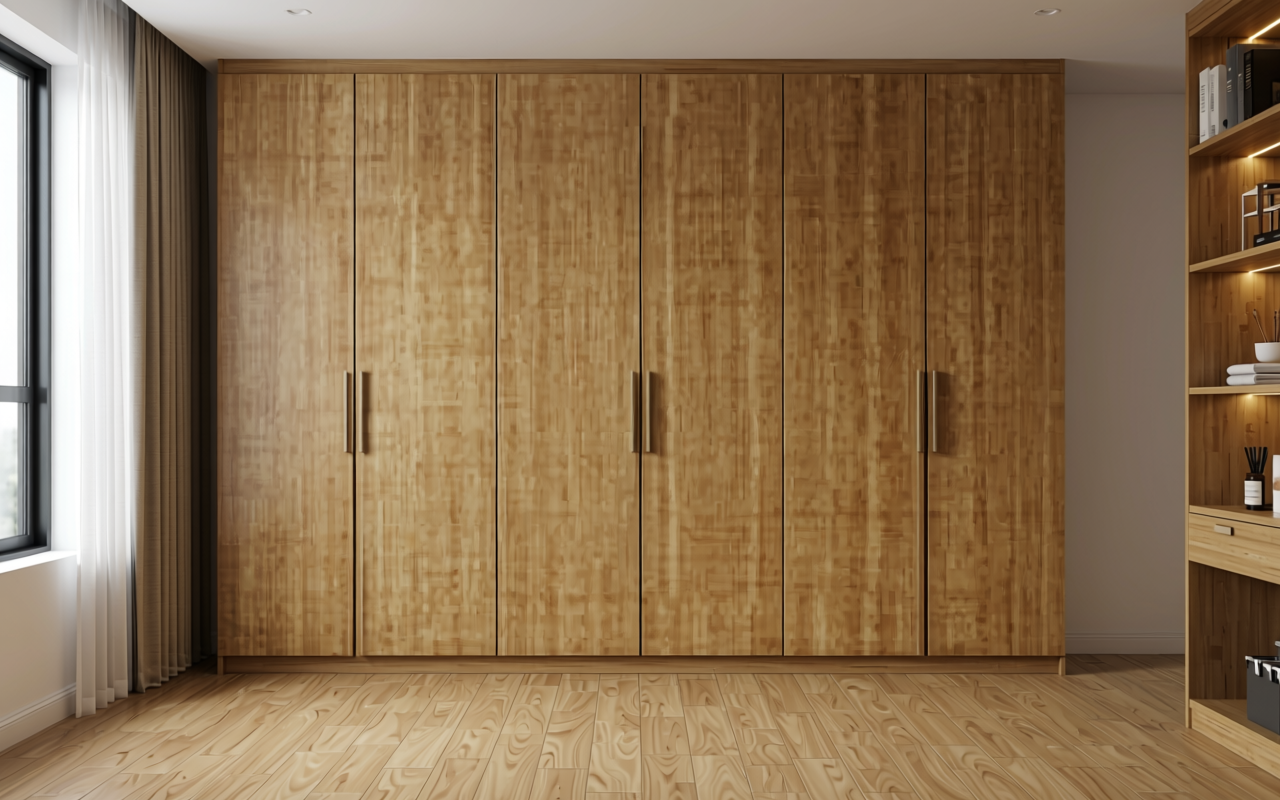 Brown decorative mdf with textured wood grain pattern and vertical grain direction.