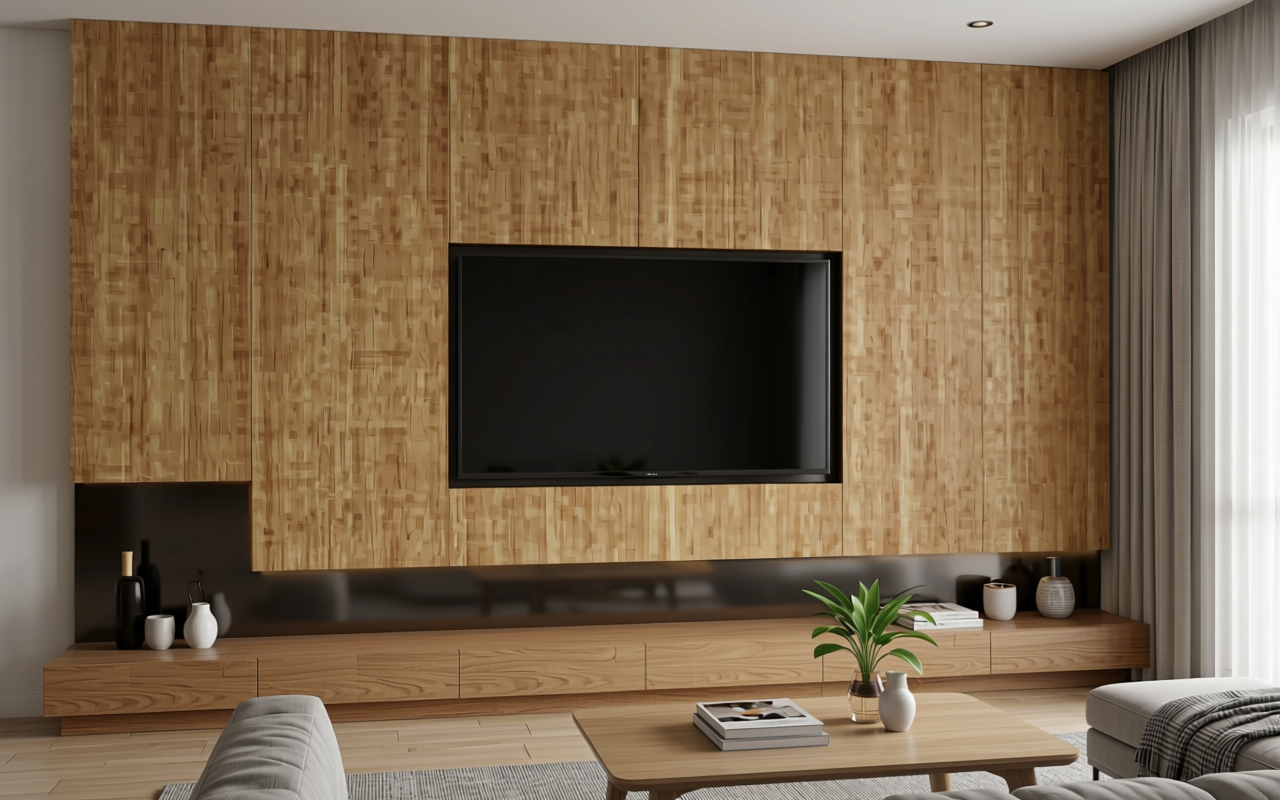 Brown decorative mdf with textured wood grain pattern and vertical grain direction.