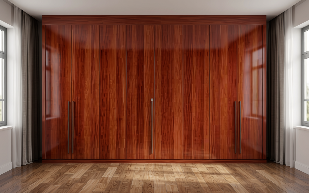Red-brown decorative mdf with vertical wood grain texture and smooth finish.