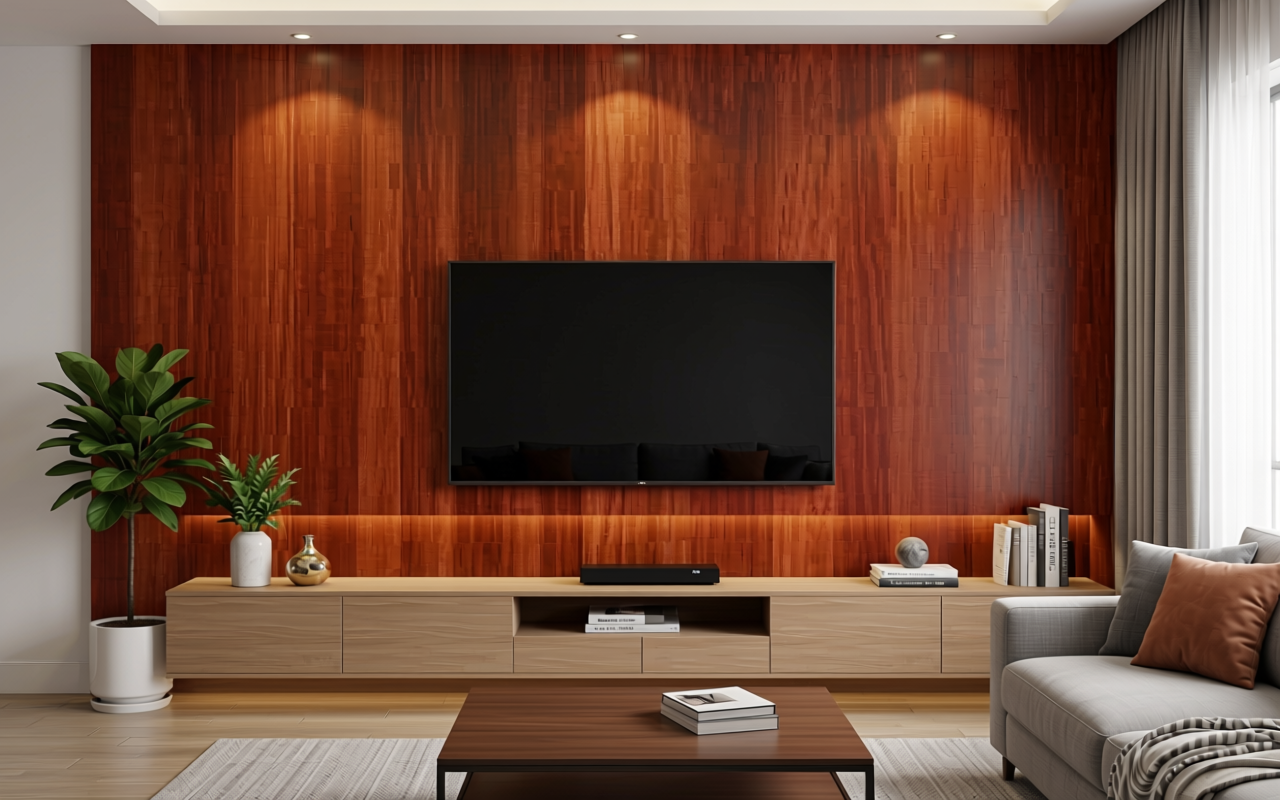 Red-brown decorative mdf with vertical wood grain texture and smooth finish.