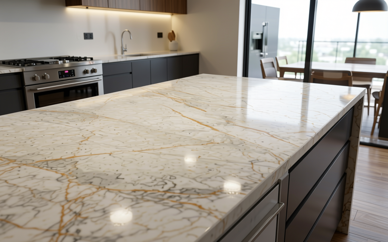 Glossy white marble-patterned decorative MDF with orange veining and subtle texture.