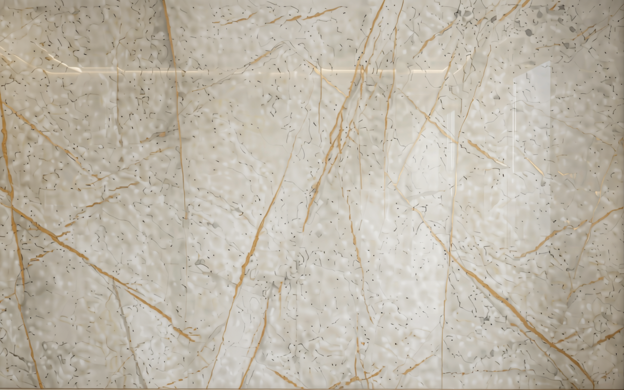 Glossy white marble-patterned decorative MDF with orange veining and subtle texture.