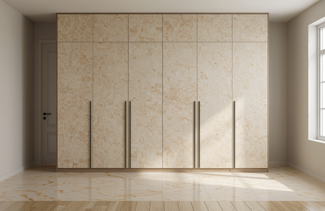 Beige marble-effect decorative MDF sheet with matte finish and subtle texture.