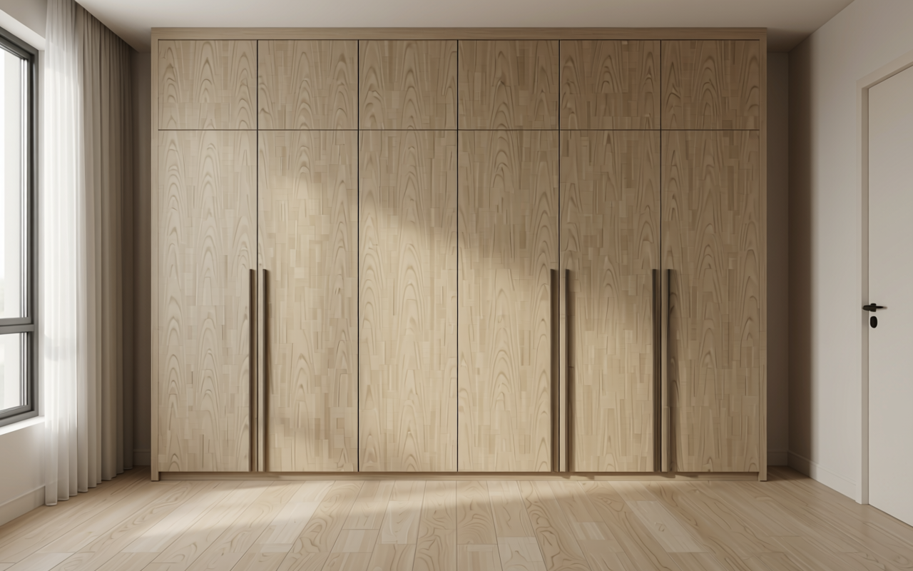 Beige textured decorative mdf with vertical wood grain pattern and matte finish.