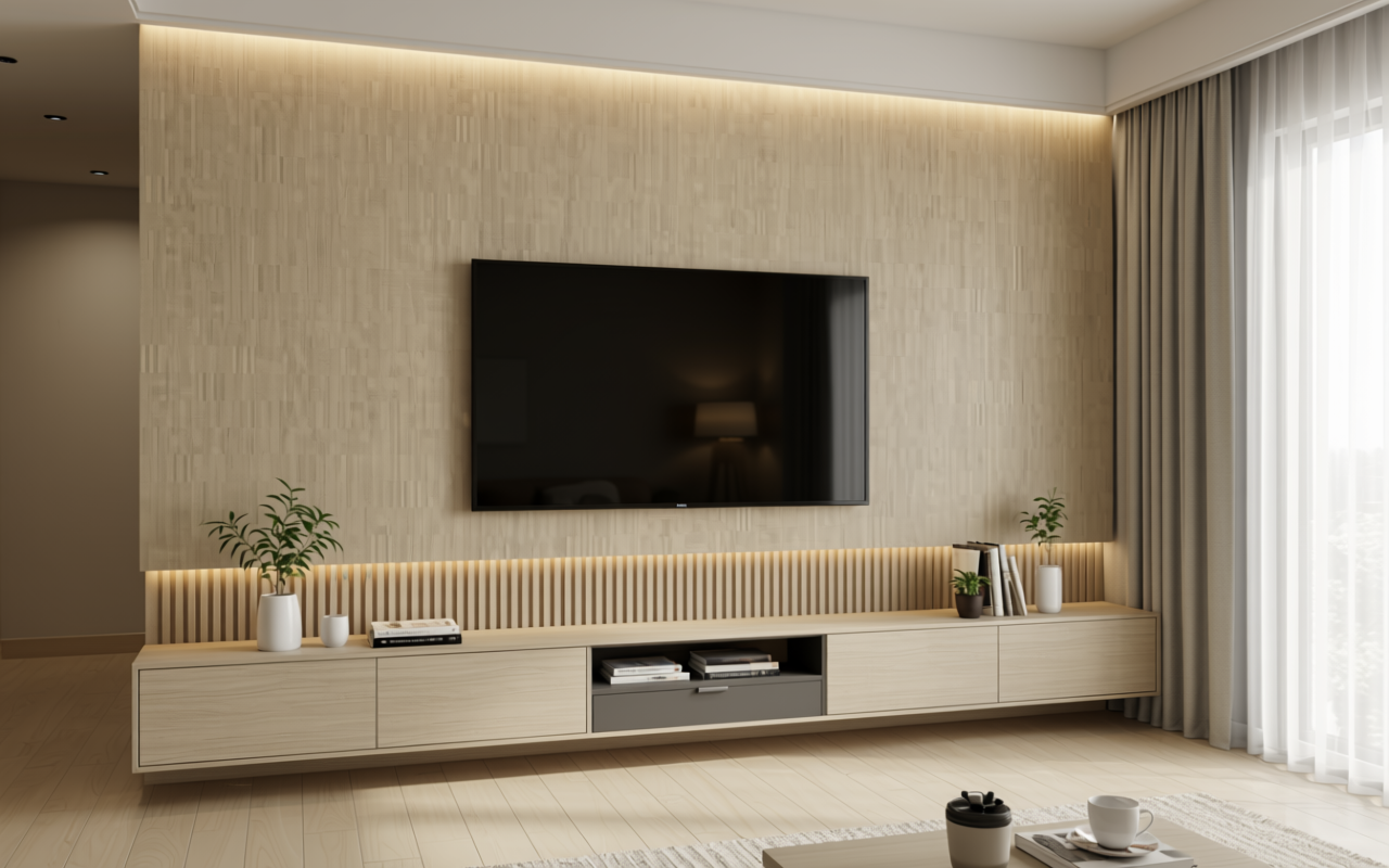 Beige textured decorative mdf with vertical wood grain pattern and matte finish.
