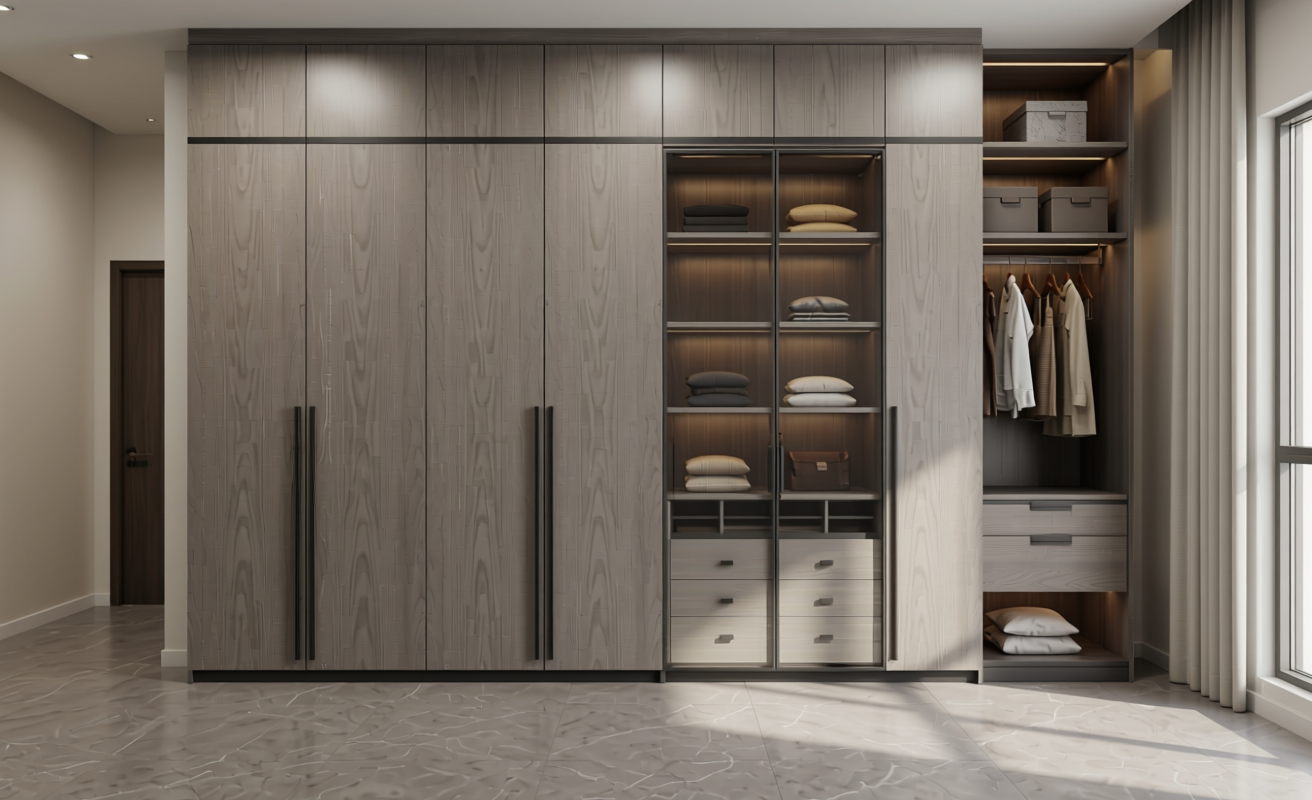 Grey textured MDF sheet with uniform color and subtle texture, decorative panel.
