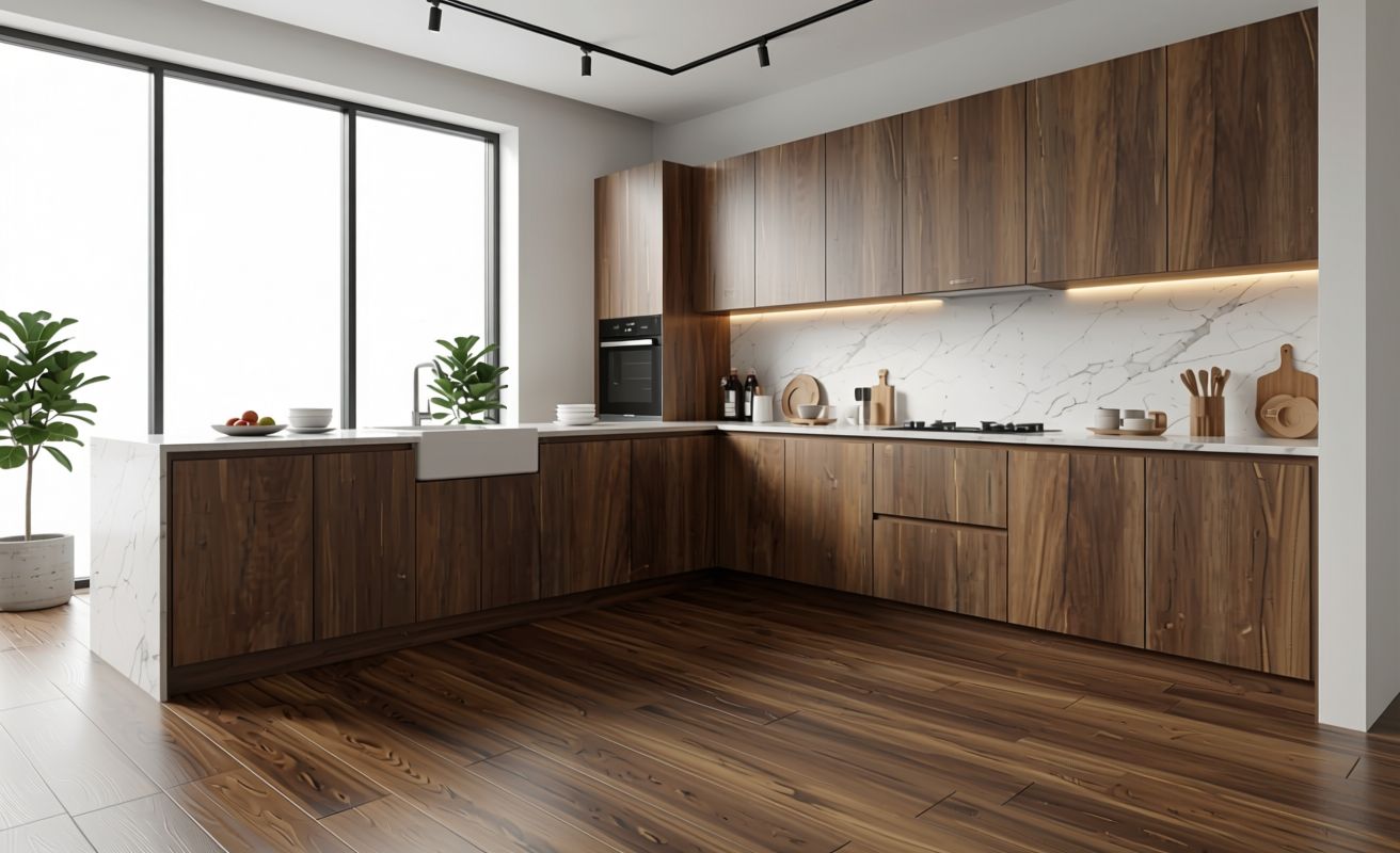 Brown decorative mdf with wood grain texture and vertical grain direction.